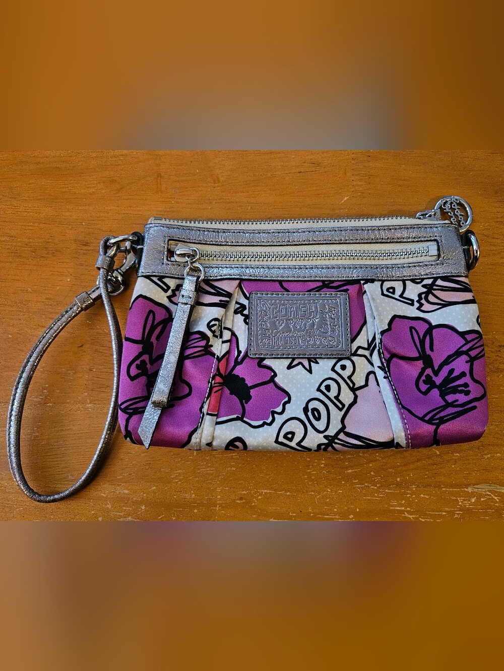 Coach Pink Floral Poppy Wristlet Clutch with Metallic Trim